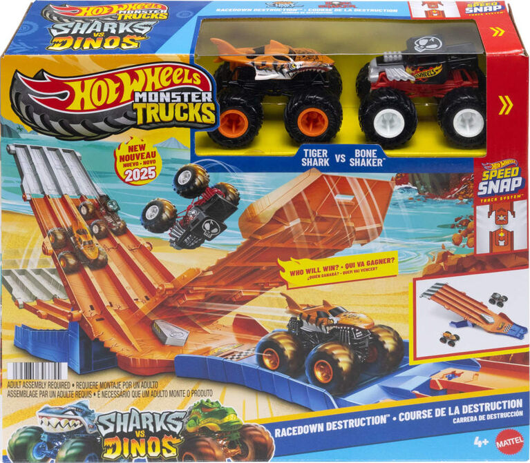 Hot Wheels Monster Trucks Sharks vs. Dinos Racedown Destruction Track Set & 2 1:64 Scale Toy Trucks