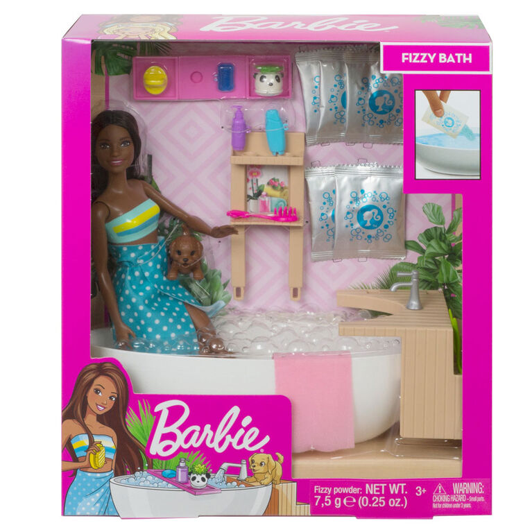 Barbie Fizzy Bath Doll and Playset, Brunette, with Tub, Puppy & More