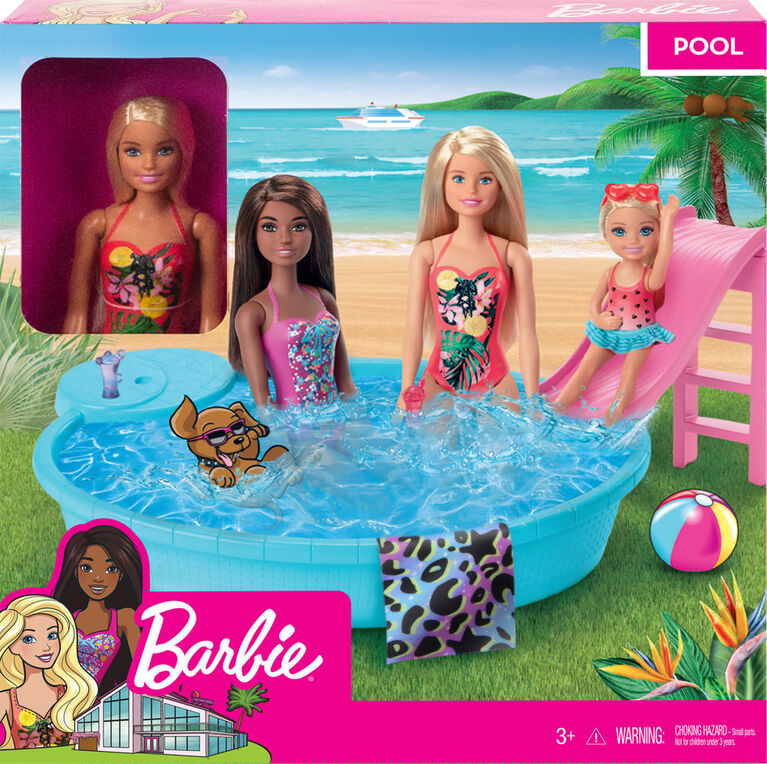 Poupée Barbie, blonde de 29,2 cm (11,5 po), et coffret de jeu Piscine avec glissade et accessoires