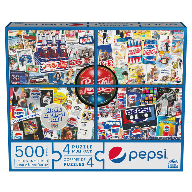 Pepsi, 500-Piece Jigsaw Puzzle Bundle of 4 Vintage Retro Wall Decor Soda Pop Cans Bottles Gift Set with Posters