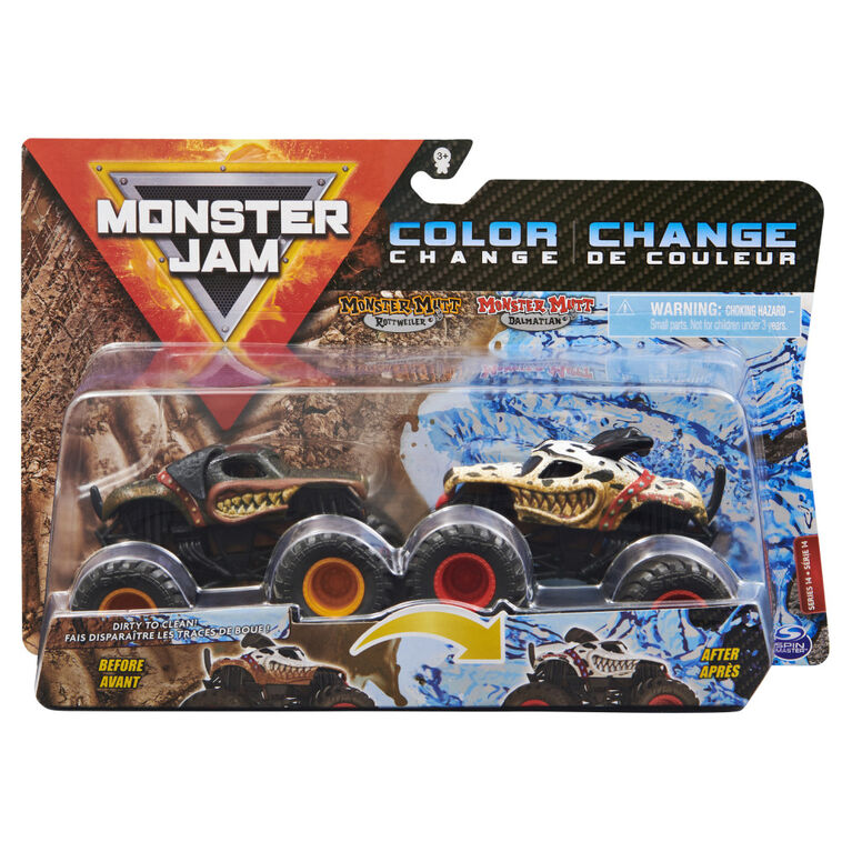 Monster Jam, Official Monster Mutt Rottweiler vs. Monster Mutt Dalmatian Color-Changing Die-Cast Monster Trucks, 1:64 Scale