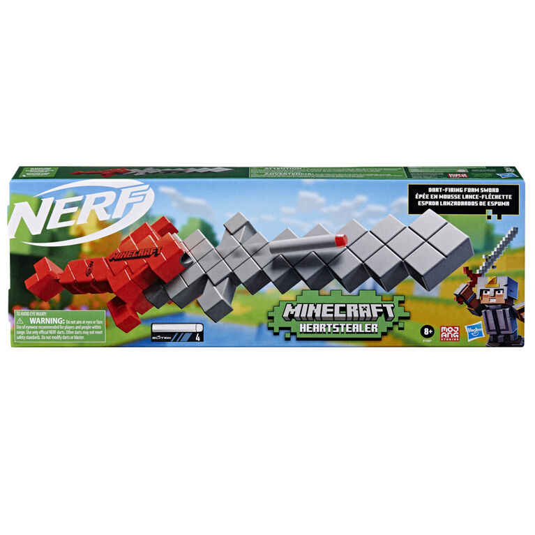 Nerf Minecraft, épée lance-fléchette Heartstealer, inclut 4 fléchettes en mousse Nerf Elite, design inspiré de l'épée du jeu Minecraft