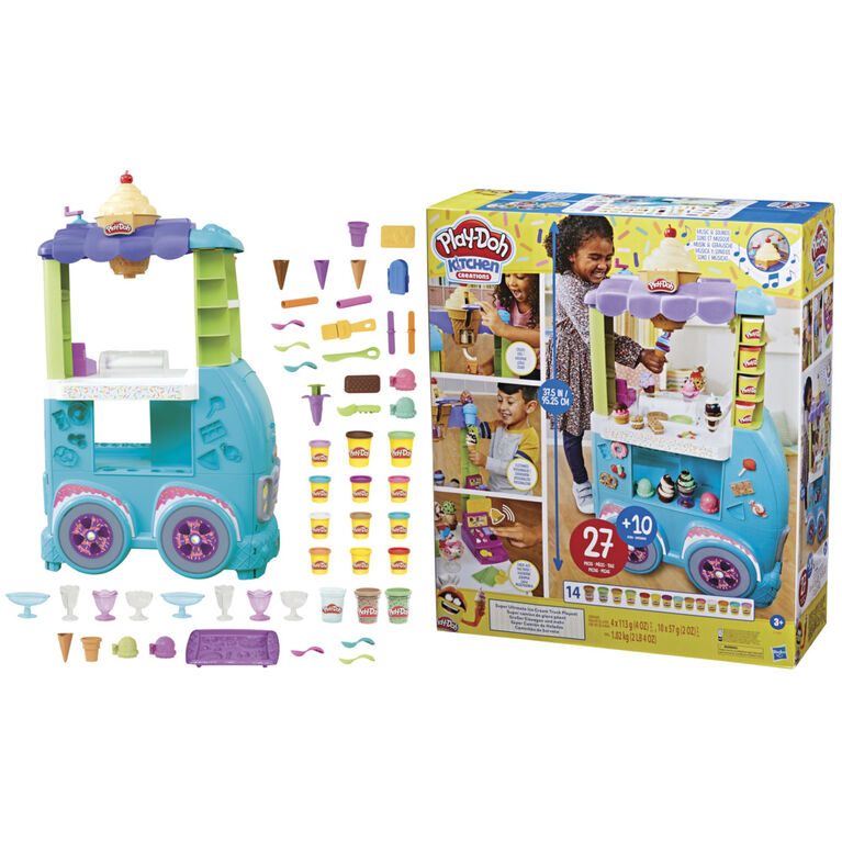 Play-Doh Kitchen Creations, Super camion de glace géant, inclut 37  accessoires, 14 pots de pâte à modeler, sons réalistes