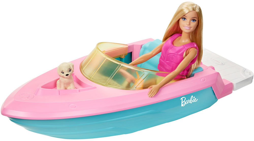 Barbie Doll and Boat with Puppy and Accessories Floats in Water