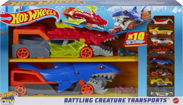 Hot Wheels City Battling Creature Transports Vehicle & 10 Die-Cast Toy Cars
