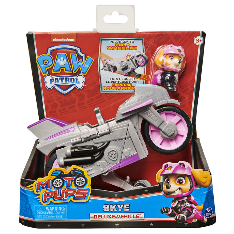 PAW Patrol, Moto Pups Skye's Deluxe Pull Back Motorcycle Vehicle with Wheelie Feature and Figure