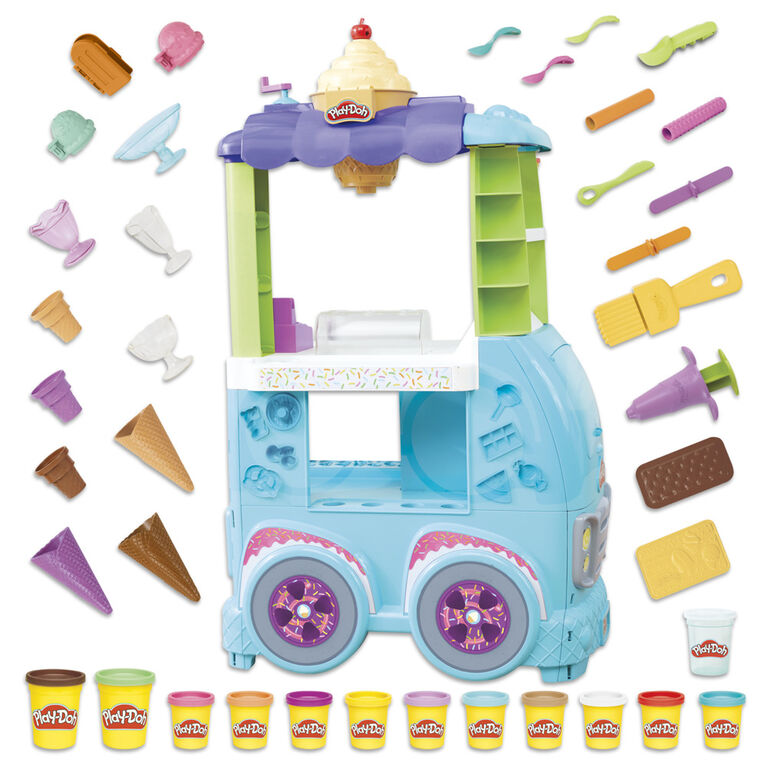 Play-Doh, Camion de glace géant, inclut 27 accessoires, 12 pots de