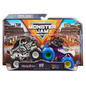 Monster Jam, Official Racing Stripes Vs. Rainbow Blast Die-Cast Monster Trucks, 1:64 Scale