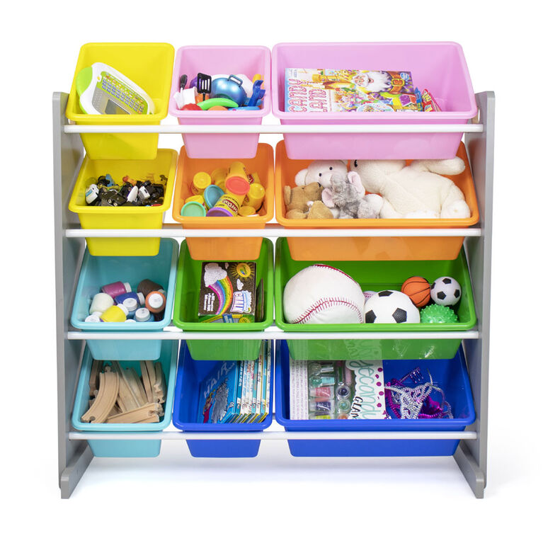 Système de rangement pour jouets avec 12 bacs de rangement, gris