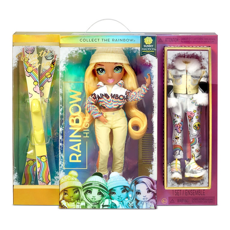 Poupée Rainbow High Winter Break Sunny Madison - Poupée-mannequin Winter Break jaune et jouet avec 2 tenues complètes de poupée, paire de skis et accessoires d'hiver pour la poupée