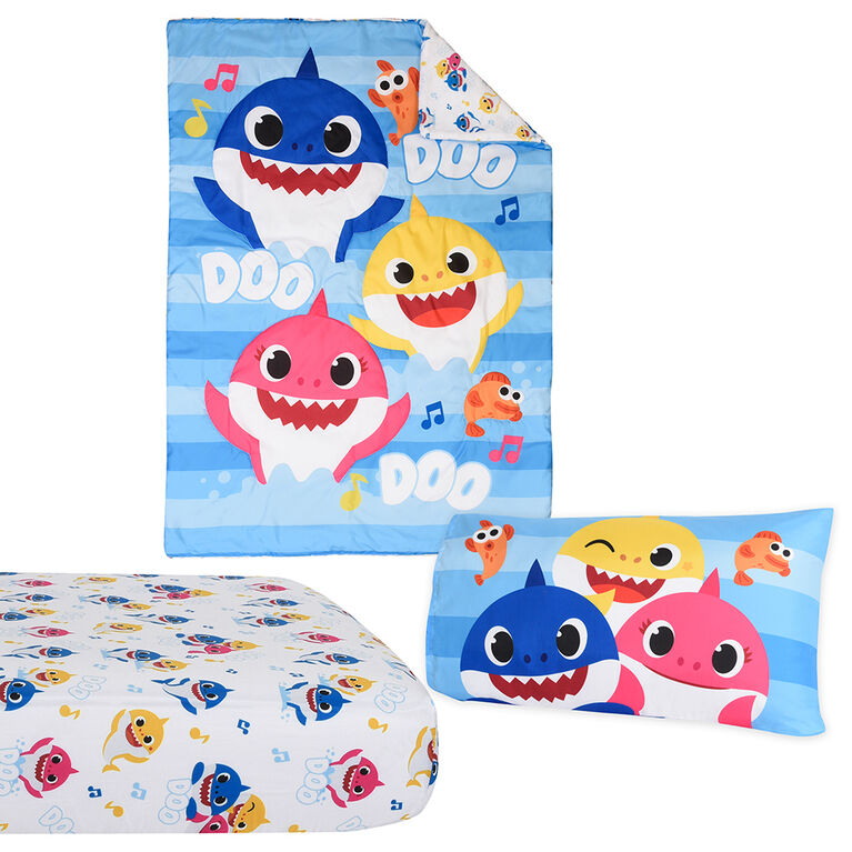 Baby Shark 3 Piece Toddler Bedding Set with Reversible Comforter, Fitted Sheet and Pillowcase by Nemcor