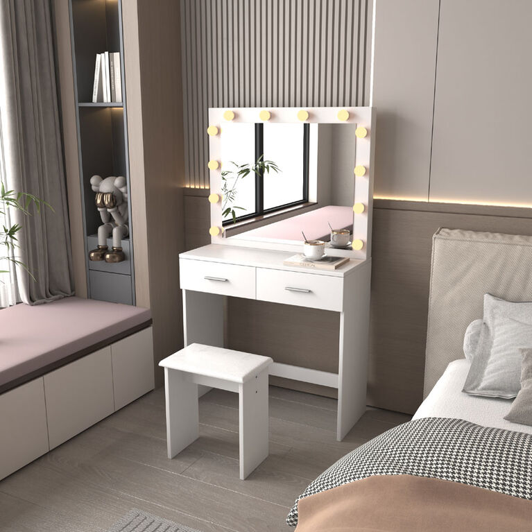White Vanity with Mirror 140cm and Stool 43cm
