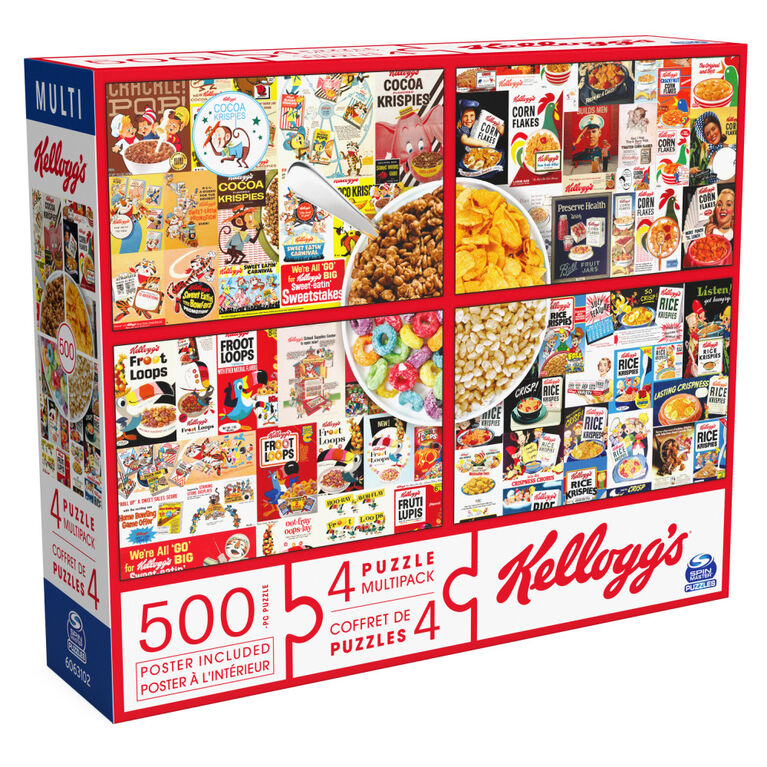 Kellogg's, Coffret de 4 puzzles, 500 pièces qui se combinent pour former un méga puzzle : Cocoa Krispies, Corn Flakes, Fruit Loops, Rice Krispies