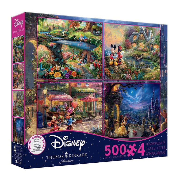 Ceaco Thomas Kinkade Disney 4-in-1 500-Piece Puzzle Multipack (Alice, Mickey, Beauty and the Beast)