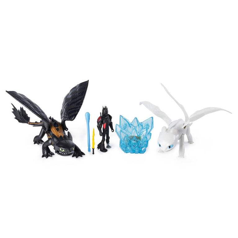 How To Train Your Dragon - Toothless and Lightfury Dragons and Viking Figure with Crystal Accessory - R Exclusive