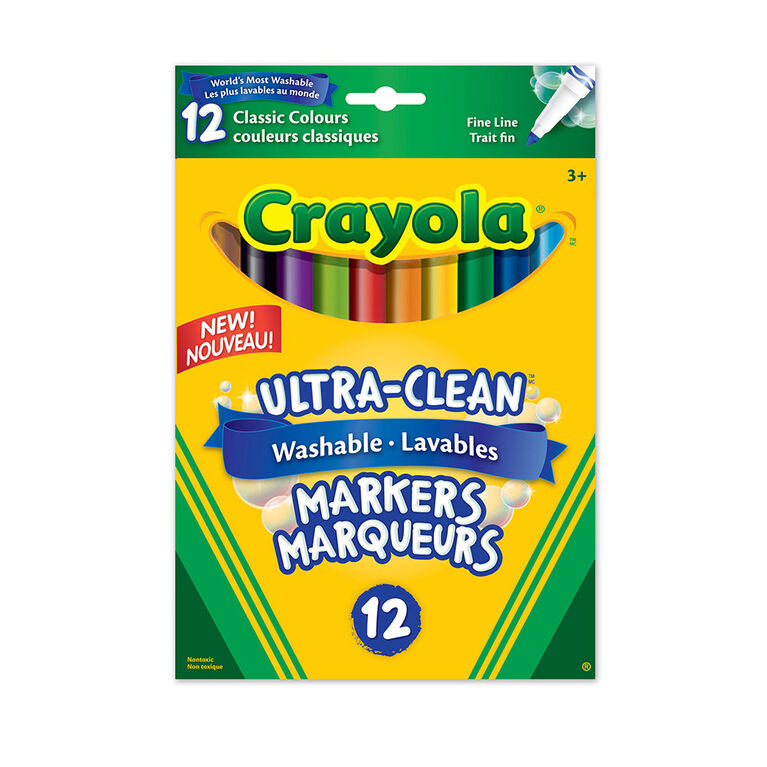Crayola Ultra-Clean Washable Fine Line Markers, Classic Colours, 12 Count