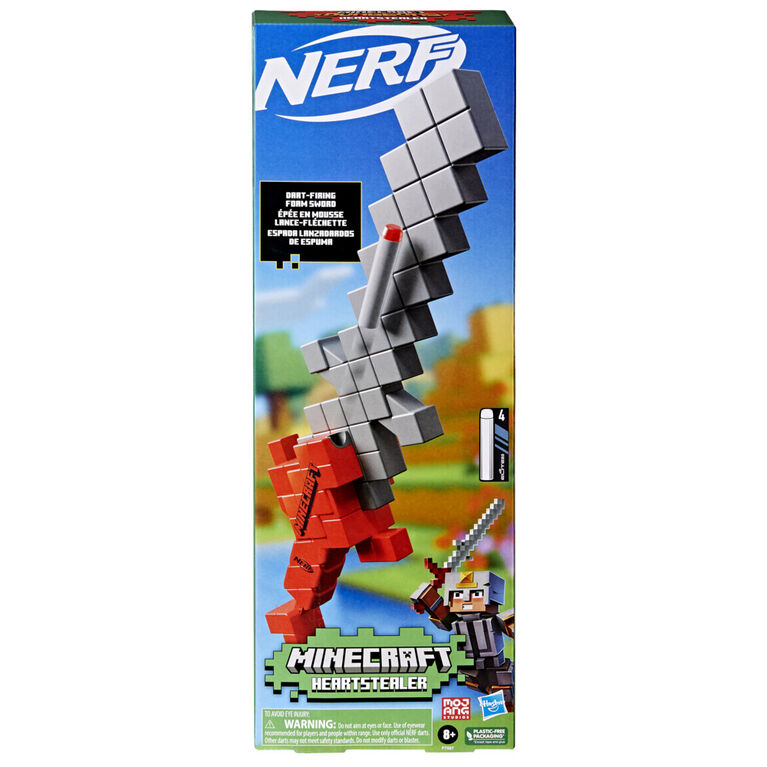 Nerf Minecraft, épée lance-fléchette Heartstealer, inclut 4 fléchettes en mousse Nerf Elite, design inspiré de l'épée du jeu Minecraft