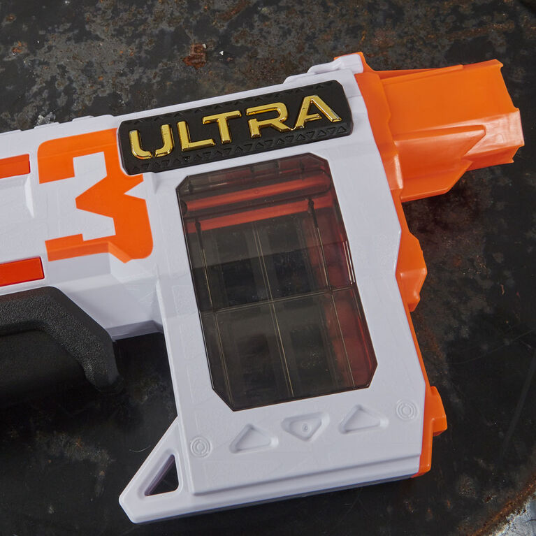 Nerf Ultra - Blaster Three, à pompe, chargeur intégré 8 fléchettes, 8 fléchettes Nerf Ultra, compatible uniquement avec fléchettes Nerf Ultra