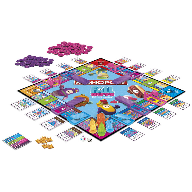 Monopoly édition Fall Guys Ultimate Knockout, jeu de plateau avec obstacles interactifs à esquiver, inclut dé de knockout, à partir de 8 ans