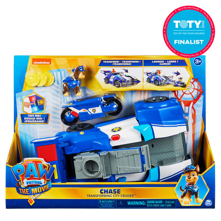 PAW Patrol, Chase 2-in-1 Transforming Movie City Cruiser Toy Car with Motorcycle, Lights, Sounds and Action Figure