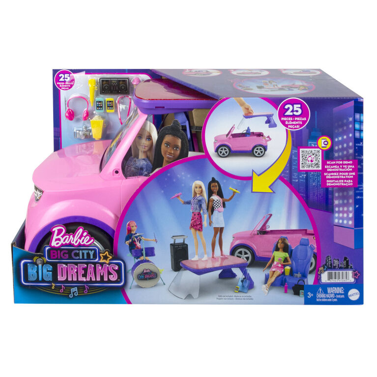 Barbie : Poupée Barbie Big City, Big Dreams avec Véhicule Transformable 4x4 Rose qui Révèle une Scène, une Batterie et des Accessoires de Tournée
