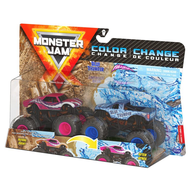 Monster Jam, Official Blue Thunder vs. Full Charge Color-Changing Die-Cast Monster Trucks, 1:64 Scale