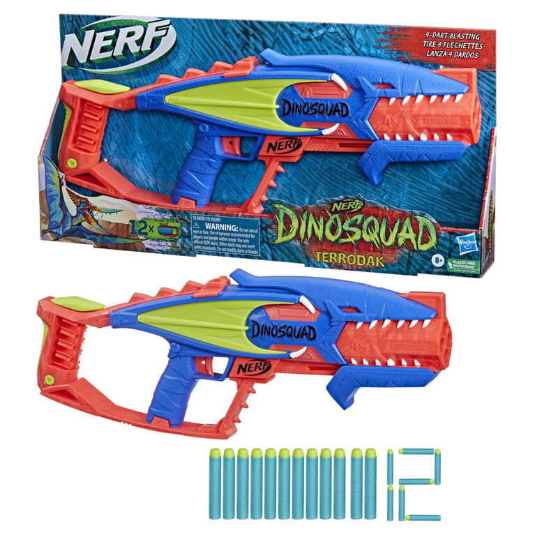Nerf DinoSquad Terrodak, tire 4 fléchettes, rangement pour fléchettes, 12 fléchettes Nerf Elite, blaster Nerf en forme de dinosaure, jeu d'extérieur pour enfants