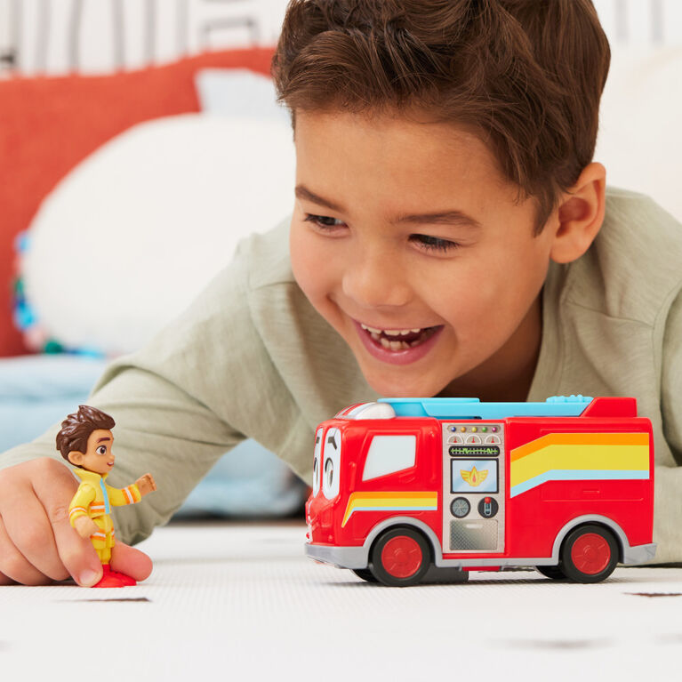 Disney Junior Firebuds, Bo et Flash, figurine articulée et véhicule camion de pompier avec mouvement des yeux interactif