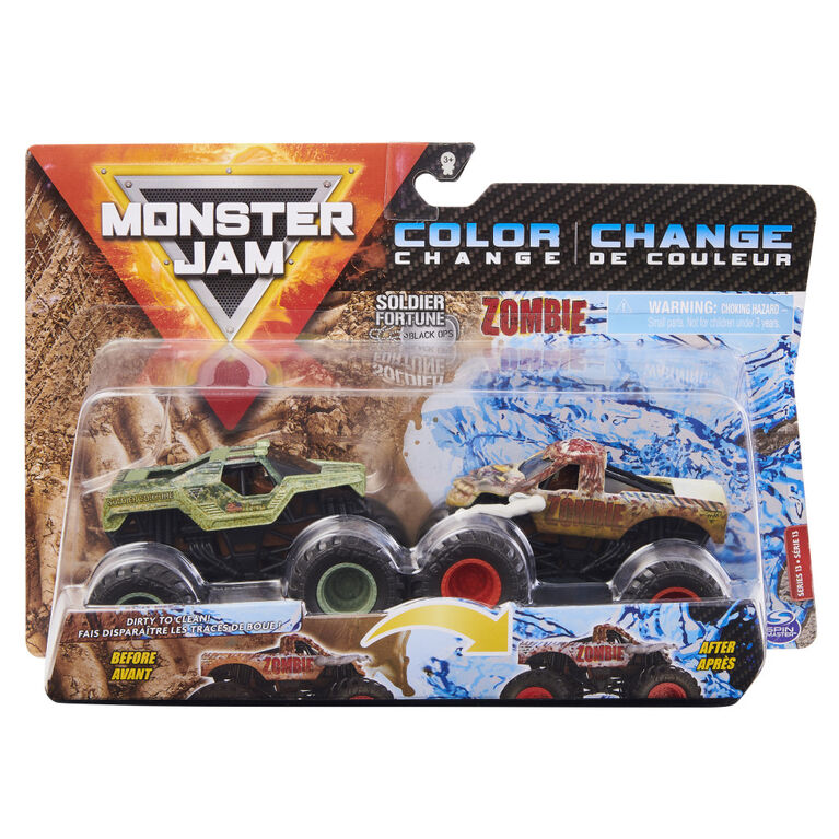 Monster Jam, Official Soldier Fortune Black Ops vs. Zombie Color-Changing Die-Cast Monster Trucks, 1:64 Scale
