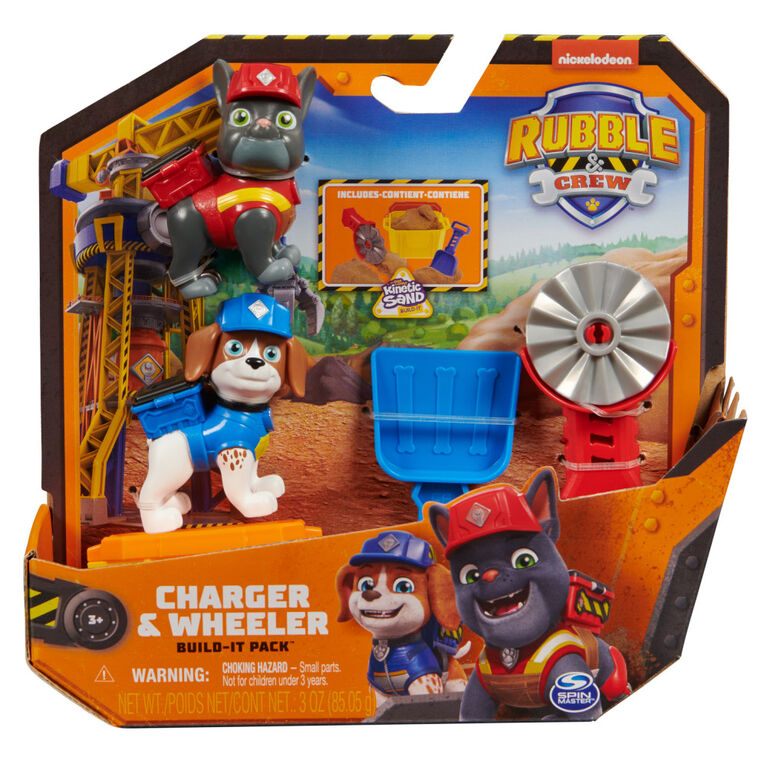 Rubble and Crew, Coffret de figurines articulées Charger et Wheeler, avec 85,05 g de sable Kinetic Build-It Sand et 2 jouets de construction portables