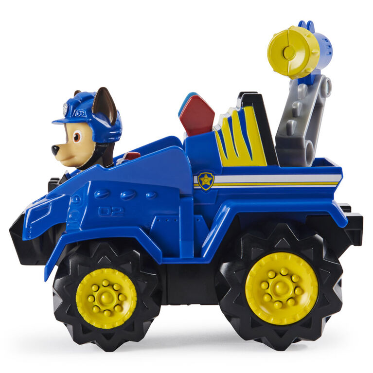 PAW Patrol, Deluxe Vehicle à remonter Dino Rescue de Chase avec figurine dinosaure mystère