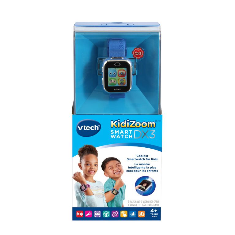 VTech KidiZoom Smartwatch DX3 avec deux appareils photo, lumière à DEL et flash, jumelage sécurisé des montres, effets photo et vidéo, jeux, podomètre, résistant aux éclaboussures, batterie rechargeable intégrée