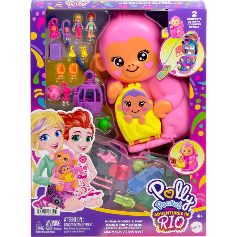 Polly Pocket Momma Monkey & Baby Playset with 2 Micro Dolls, Pets & 13 Accessories, 2-in-1 Purse & Toy