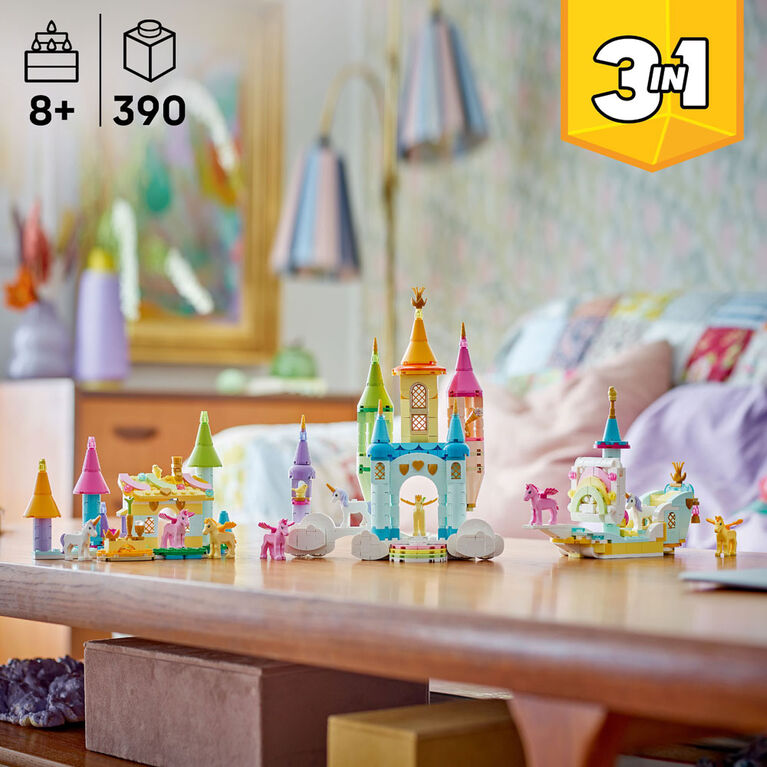 LEGO Creator 3en1 Le Château des Licornes, Animaux pour Jouer, Transformable en Bateau ou en Cabane dans la Forêt 31175