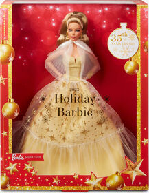 Barbie Joyeux Noël 2023-Poupée robe dorée et cheveux châtains