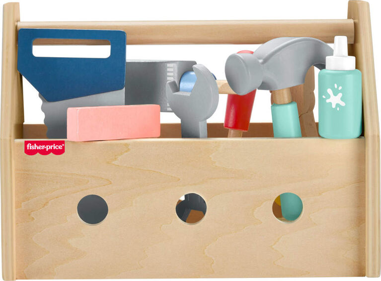 Fisher-Price Wooden Tool Box Set for Preschool Pretend Play, 9 Wood Pieces