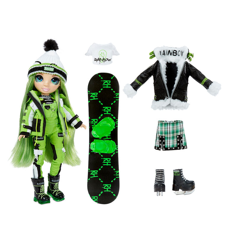 Poupée Rainbow High Winter Break Jade Hunter - Poupée-mannequin Winter Break verte et jouet avec 2 tenues complètes de poupée, planche à neige et accessoires d'hiver pour la poupée