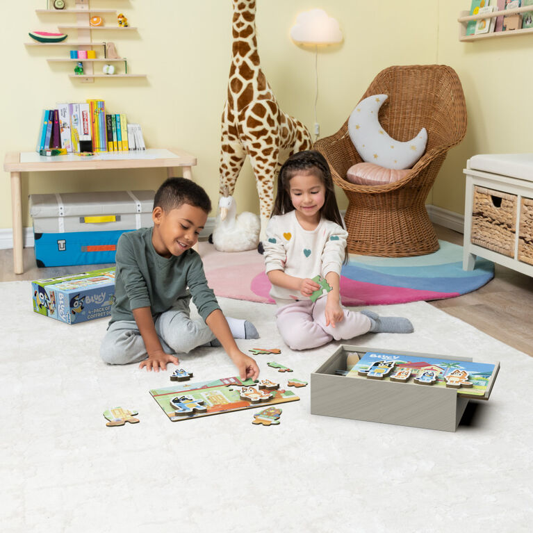 Bluey, 4-Pack of Wooden Puzzles with Bingo, Mum, and Dad Characters, 24 Piece Jigsaw Toy Gift Set
