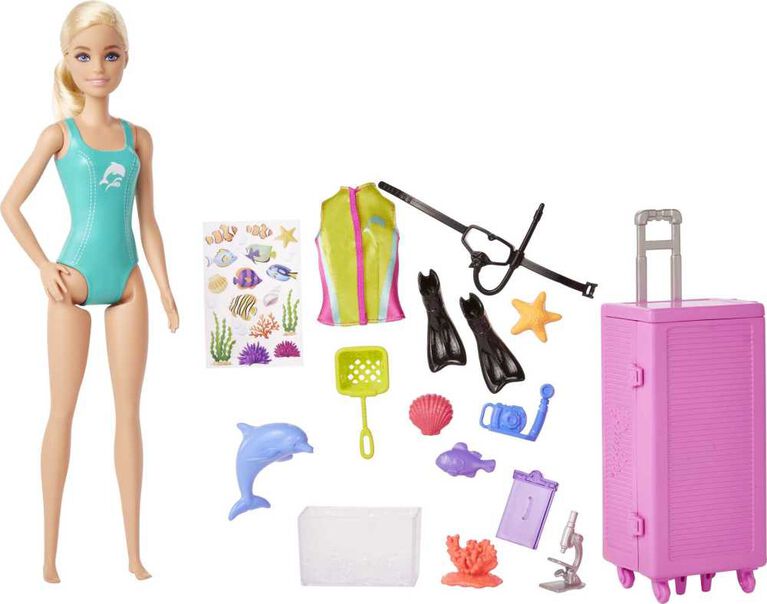 Barbie Marine Biologist Doll and Accessories, Mobile Lab Playset with Blonde Doll and 10+ Pieces