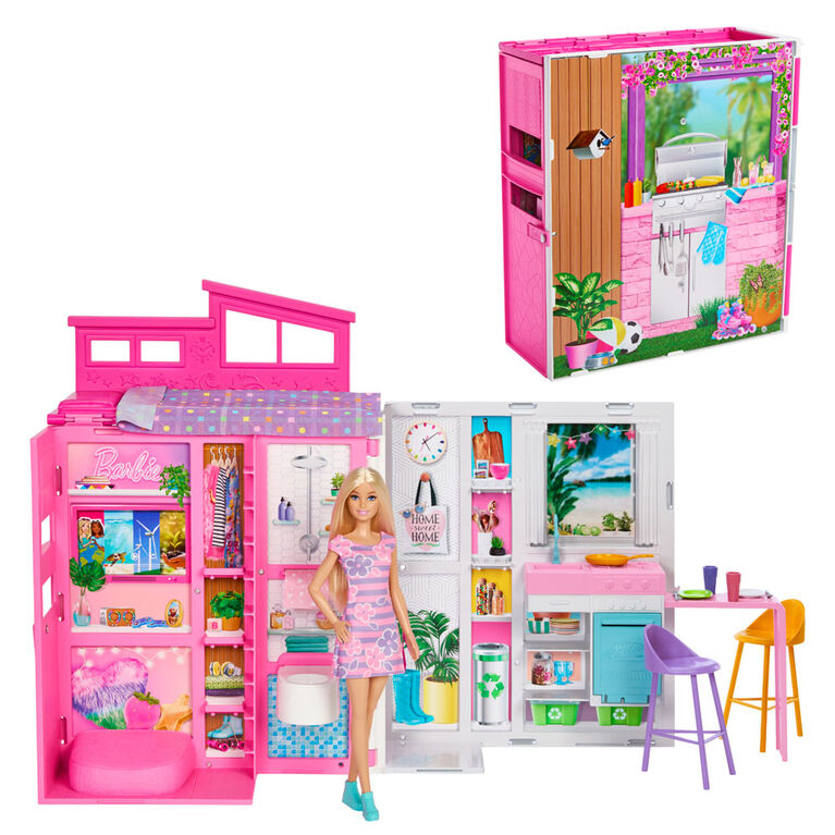 Barbie Maison portative et poupée, 4 pièces, 11 accessoires