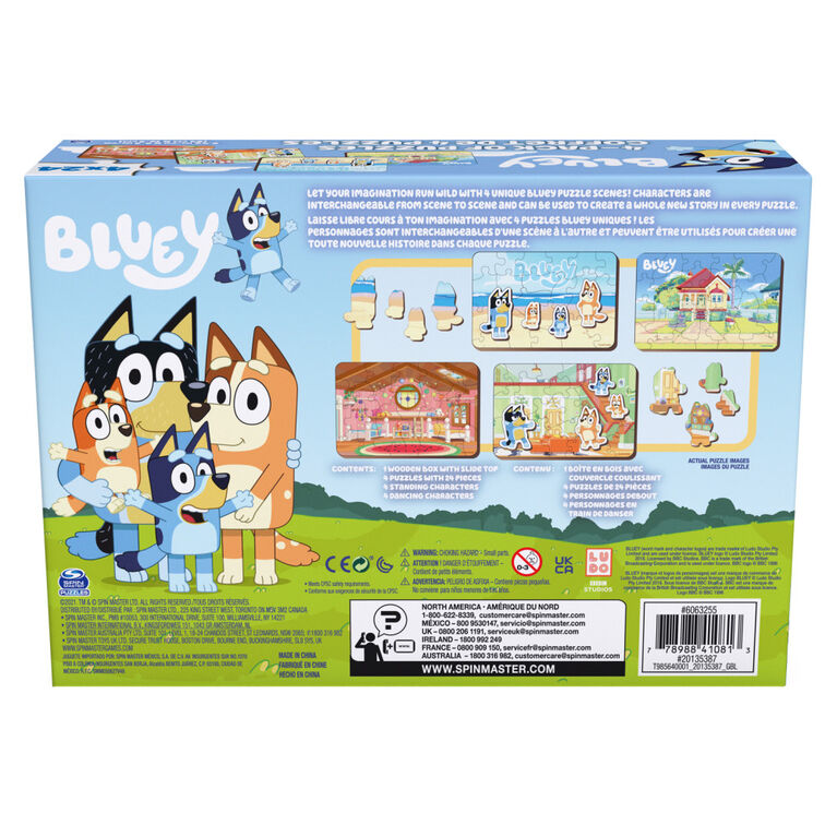 Bluey, 4-Pack of Wooden Puzzles with Bingo, Mum, and Dad Characters, 24 Piece Jigsaw Toy Gift Set