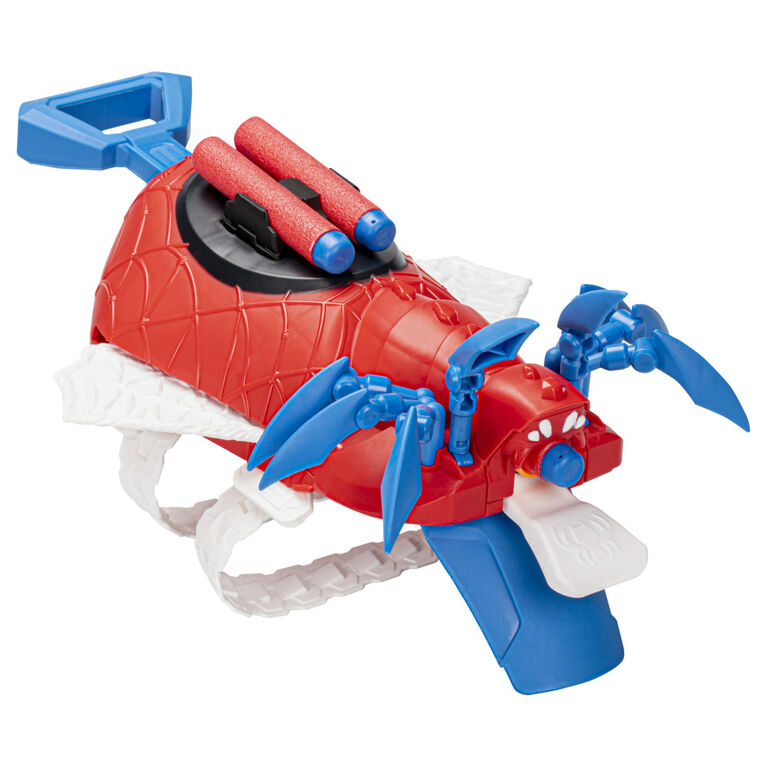 Marvel Mech Strike Mechasaurs, Arachno Blaster Nerf de Spider-Man avec 3 fléchettes, jouet de déguisement de super-héros