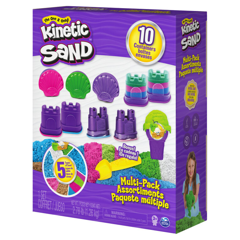 Kinetic Sand, Multi-Pack with 5 Types of All-Natural Kinetic Sand, 10 Containers and Bonus Tool - R Exclusive