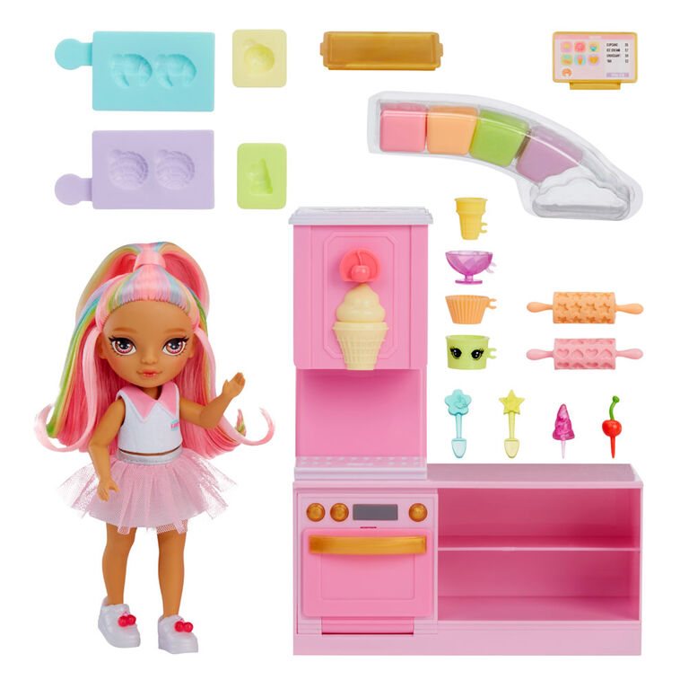 Jeu de pâtisserie Rainbow High Littles + petite poupée (rose de 5,5 po (14 cm))