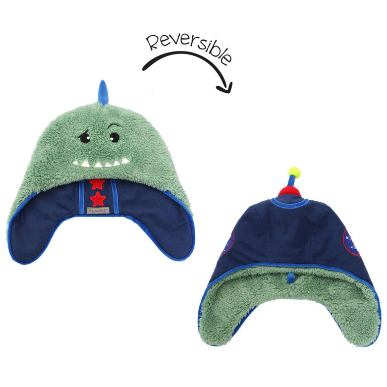 FlapJackKids - Baby, Toddler, Kids, Boys - Water Repellent Trapper Hat - Sherpa Lining - Dino/Astronaut - Medium 2-4 years