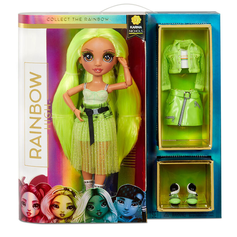 Rainbow High Karma Nichols - Poupée-mannequin vert fluo avec 2 tenues  complètes à agencer et associer