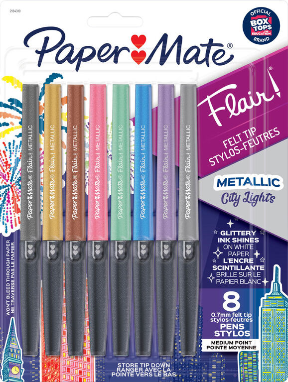 Papermate® - Stylos Flair® à pointe en feutre métallique, couleurs variées, paq./8