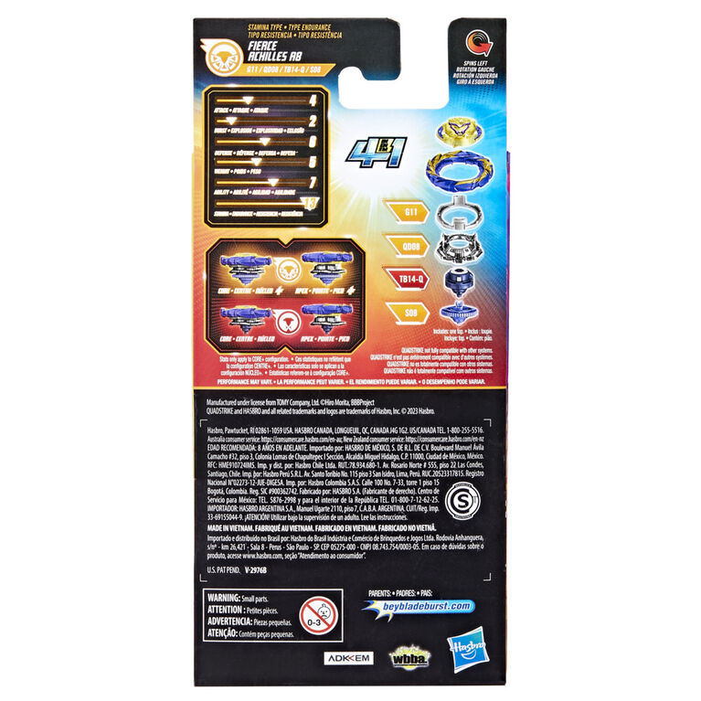 Beyblade Burst QuadStrike Fierce Achilles A8 Spinning Top Single Pack, Battling Game Top Toy