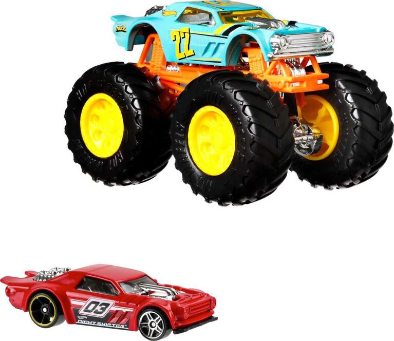 Hot Wheels Monster Trucks 1:64 Scale Vehicles 2 Pack; 1 Die-Cast Truck & 1 Car