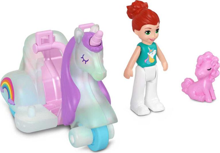 Polly Pocket Micro-poupée, véhicule à 3roues en métal, mini-licorne